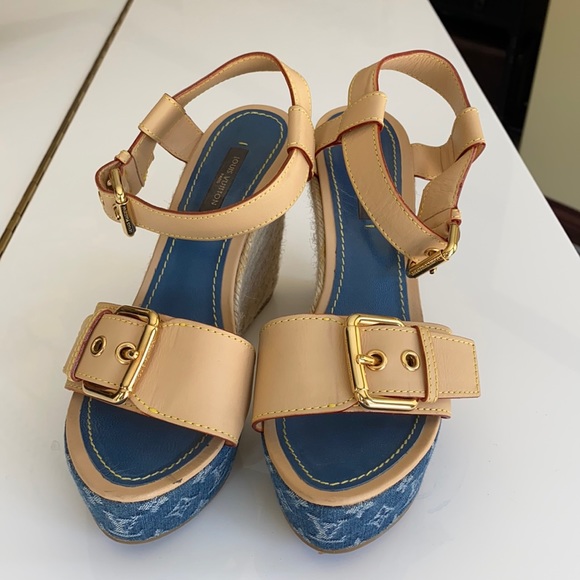 Louis Vuitton Shoes - Louis Vuitton wedge denim sandals